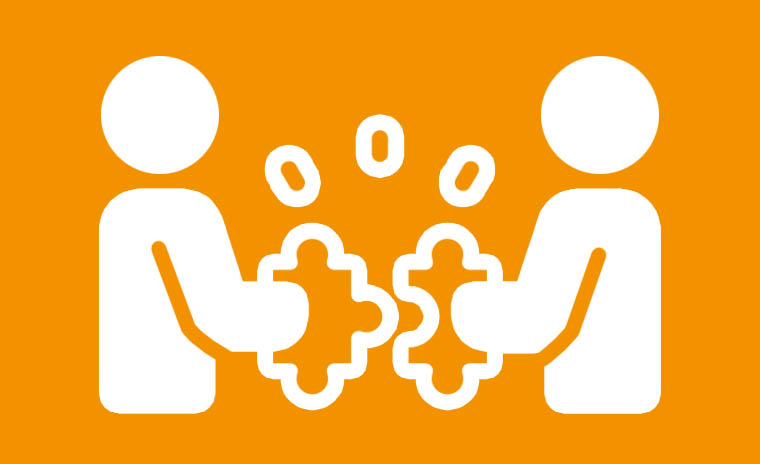 Icon representing Raise York Research Network, the icon shows two people holding jigsaw pieces which are about to come together
