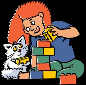 Cartoon of child and cat building blocks