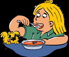 Cartoon of child eating soup while small dog watches