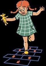 Cartoon of child holding toy mouse playing hopscotch