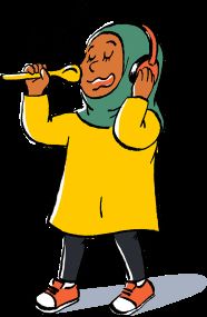 Cartoon of child singing using a wooden spoon as pretend microphone