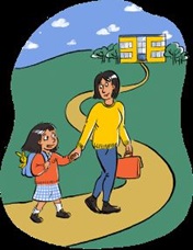 Cartoon of parent and child on their way to school