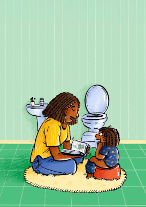 Child and parent reading by the toilet