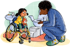 Child in wheelchair looking at toilet with parent