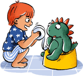 Child playing with dinosaur toy on potty