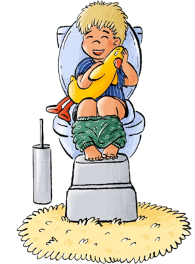 Child sitting on toilet cuddling a toy